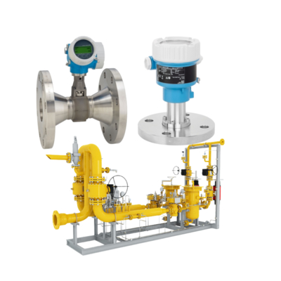 Natural gas valve skid equipped with an Endress+Hauser Proline Prowirl R 200 flowmeter and a Deltabar PMC51B pressure transmitter.