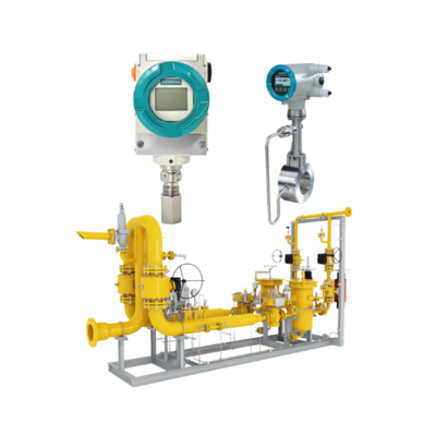 Siemens SITRANS P320 7MF0300 pressure transmitter, SITRANS FX330 vortex flowmeter, and flow control valve manifold