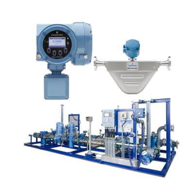 Natural gas valve skid equipped with a Micro Motion F100A Coriolis flowmeter and a 5700 field-installed transmitter.