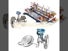 A natural gas valve skid system equipped with a Rosemount 8800 Series vortex flowmeter and a 3051L flange level transmitter.