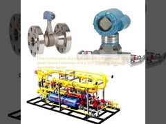 Flow control valve skid equipped with a Rosemount 8800 Series Vortex Flowmeter and a 3051 Coplanar Pressure Transmitter sensor.