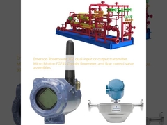 Emerson Rosemount 702 dual-input or output transmitter, Micro Motion F025S Coriolis flowmeter, and flow control valve assemblies